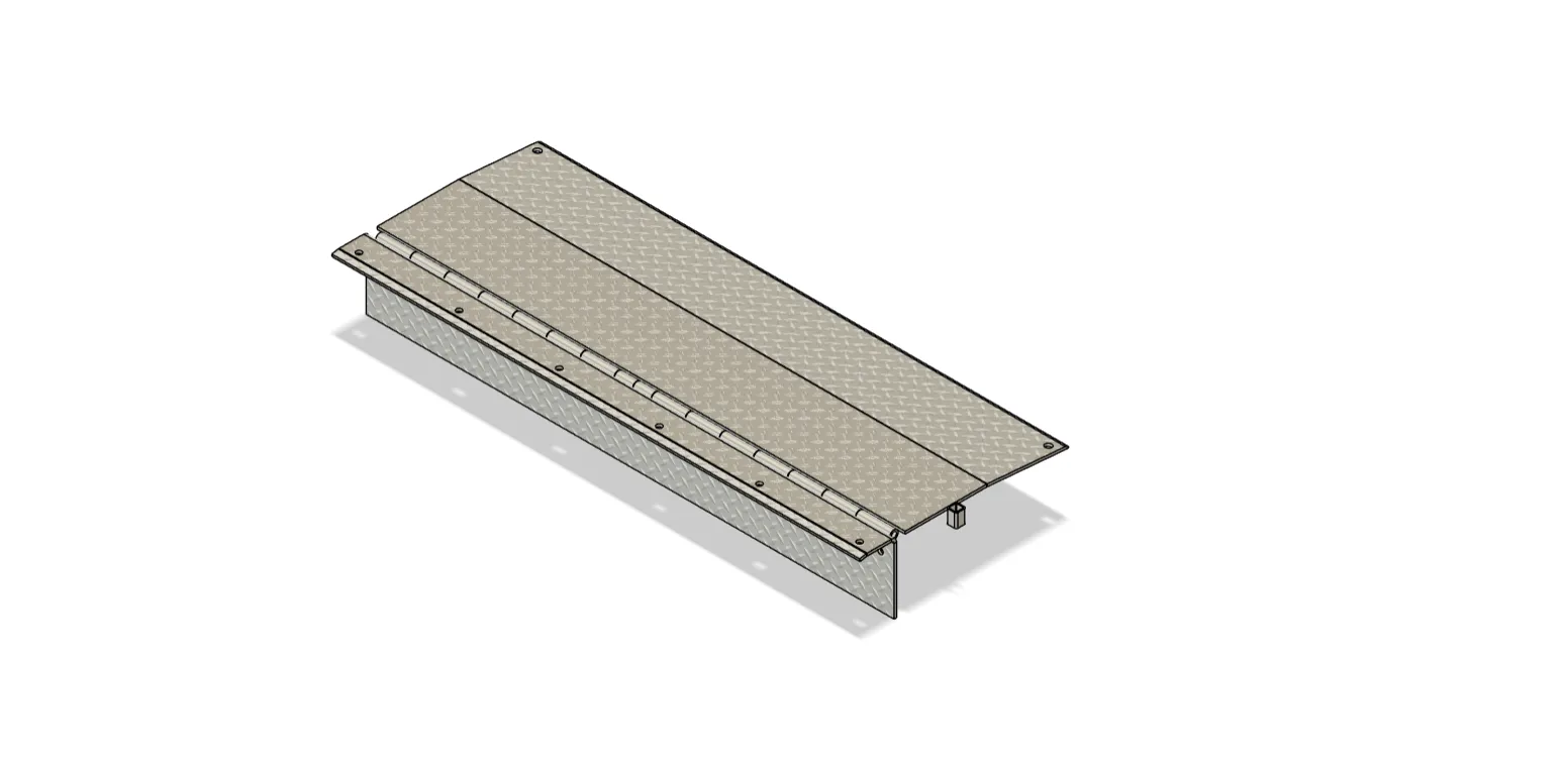CAD model of an aluminum dock plate with diamond tread surface and formed edges