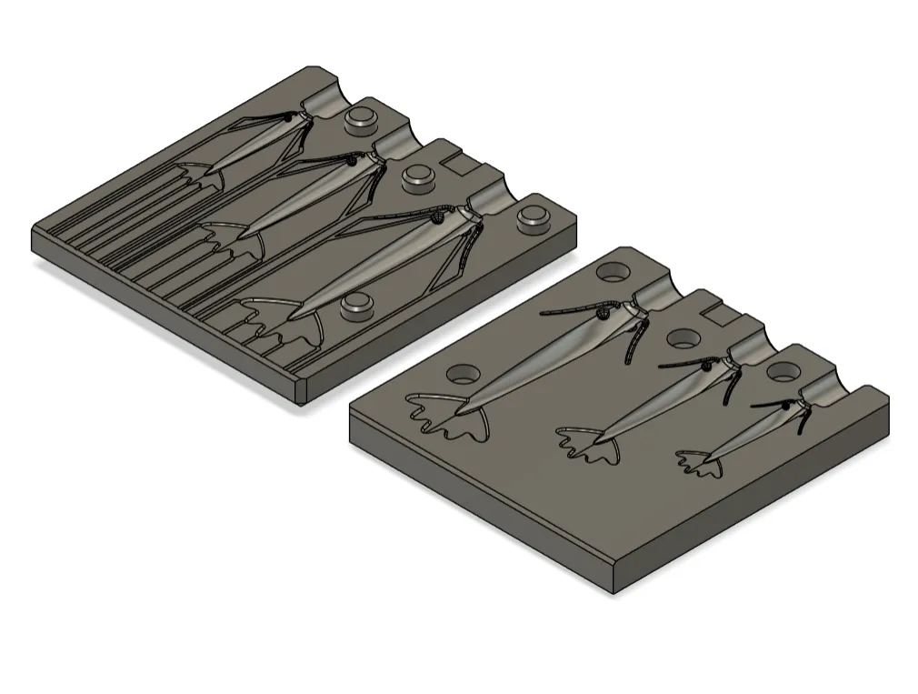 CAD model of two-part production mold halves for soft plastic shrimp fishing lures