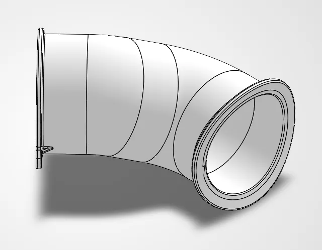 CAD model of a custom turbo intake elbow with flanged clamp connections on both ends
